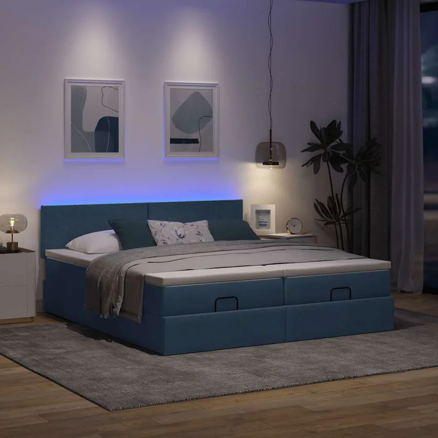 Cadre de lit ottoman avec matelas bleu 200x200cm tissu - 3