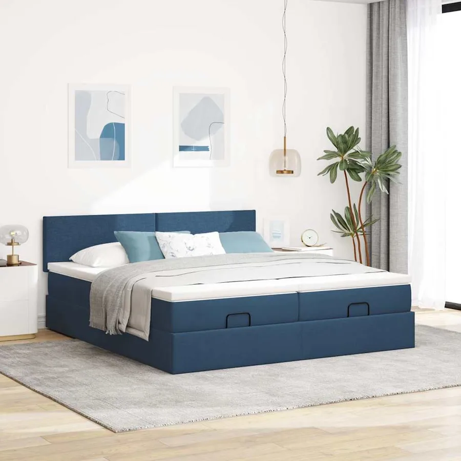 Cadre de lit ottoman avec matelas bleu 200x200cm tissu - 4