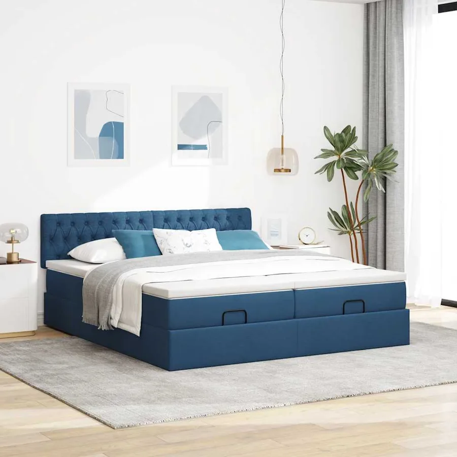 Cadre de lit ottoman avec matelas bleu 200x200cm tissu - 3