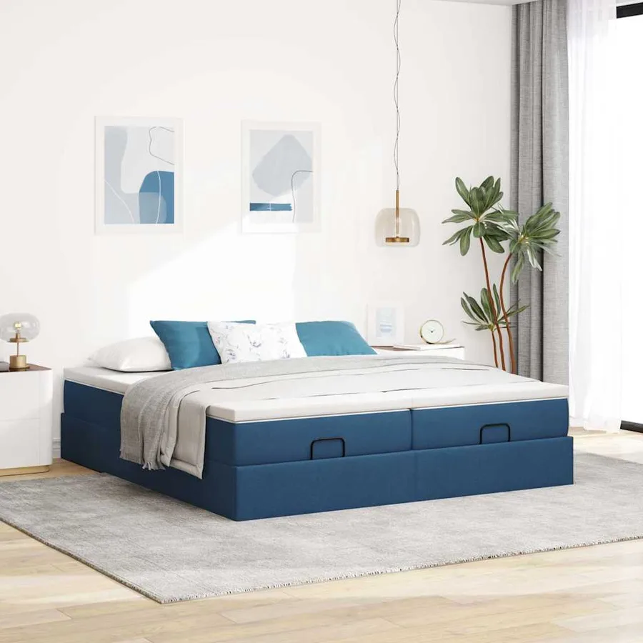 Cadre de lit ottoman avec matelas bleu 200x200cm tissu - 3