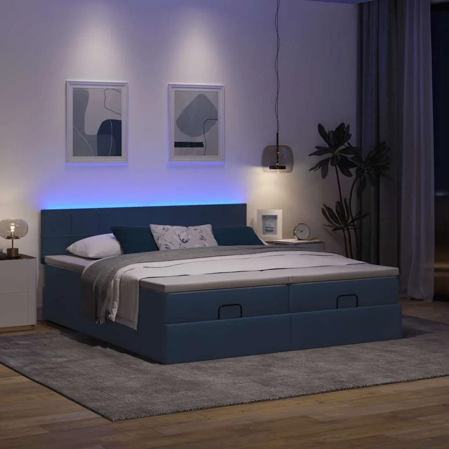 Cadre de lit ottoman avec matelas bleu 200x200cm tissu - 3