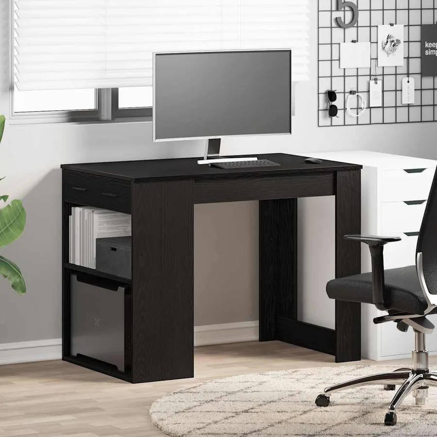 Bureau avec tiroir et étagère chêne noir bois d'ingénierie - 3