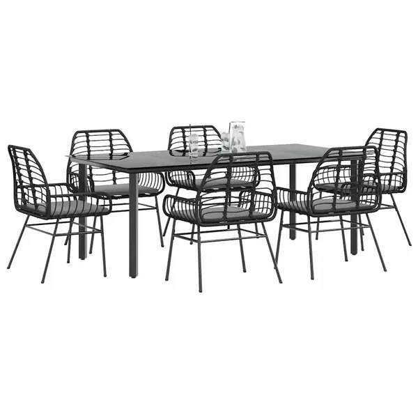 Ensemble à manger de jardin coussins 7pcs noir poly rotin verre