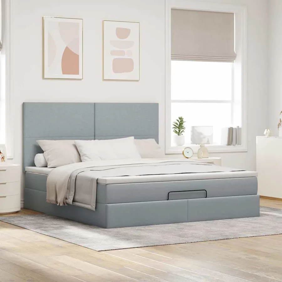Cadre de lit ottoman et matelas gris clair 160x200cm tissu - 4