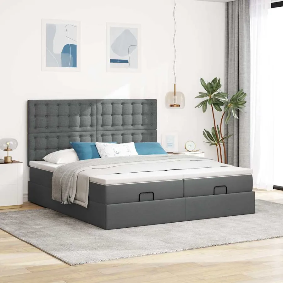 Cadre de lit ottoman avec matelas gris foncé 200x200cm tissu - 4