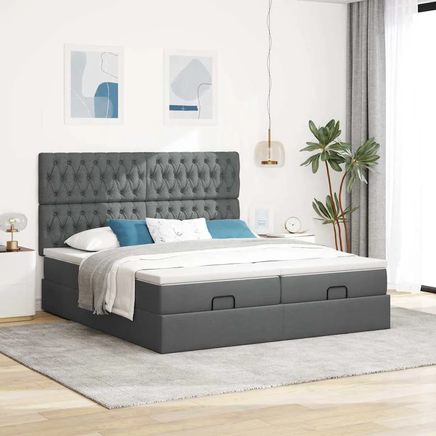 Cadre de lit ottoman avec matelas gris foncé 200x200cm tissu - 4