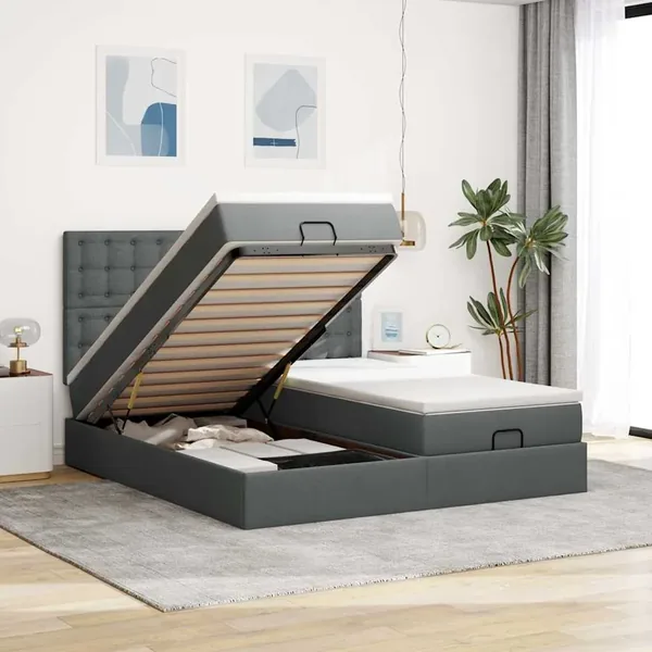 Cadre de lit ottoman avec matelas gris foncé 200x200cm tissu