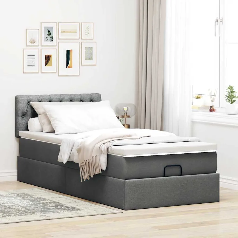 Cadre de lit ottoman avec matelas gris foncé 100x200 cm tissu - 3