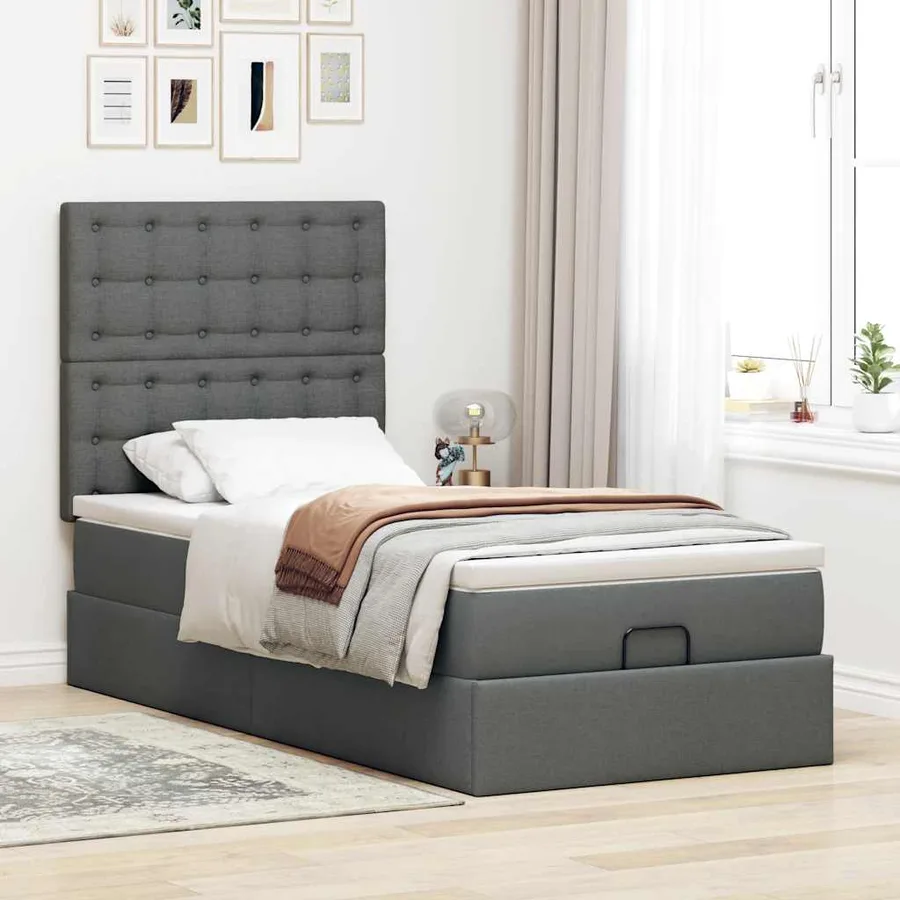 Cadre de lit ottoman avec matelas gris foncé 100x200 cm tissu - 3
