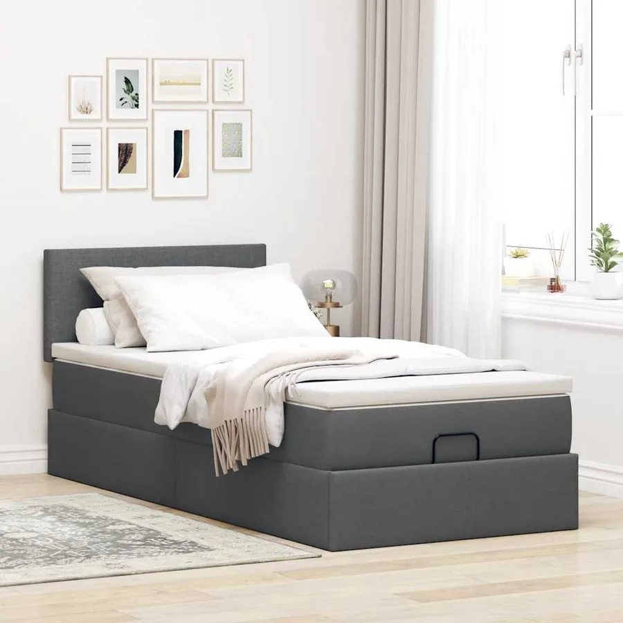 Cadre de lit ottoman avec matelas gris foncé 100x200 cm tissu - 3