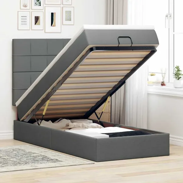 Cadre de lit ottoman avec matelas gris foncé 100x200 cm tissu