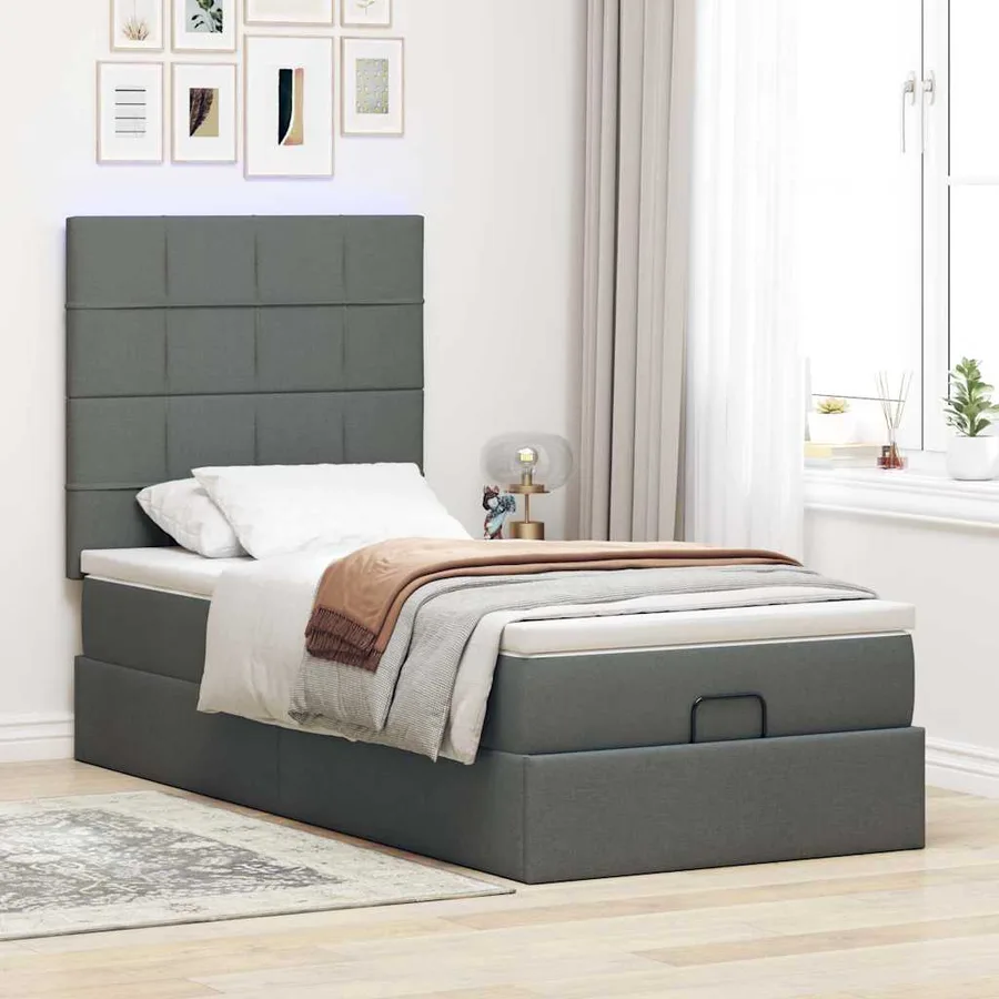Cadre de lit ottoman avec matelas gris foncé 100x200 cm tissu - 4