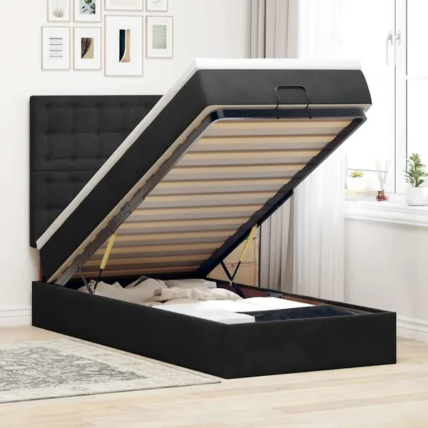 Cadre de lit ottoman avec matelas noir 100x200cm velours