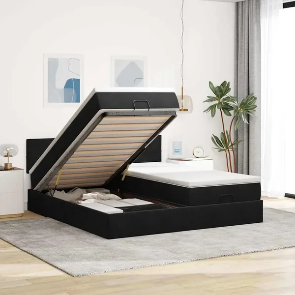Cadre de lit ottoman avec matelas noir 200x200cm velours