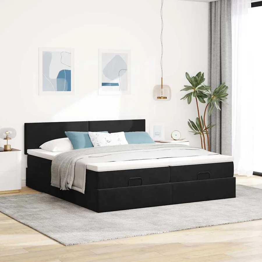 Cadre de lit ottoman avec matelas noir 200x200cm velours - 4