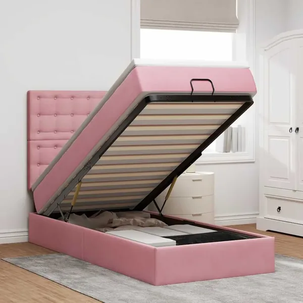 Cadre de lit ottoman avec matelas rose 100x200 cm velours