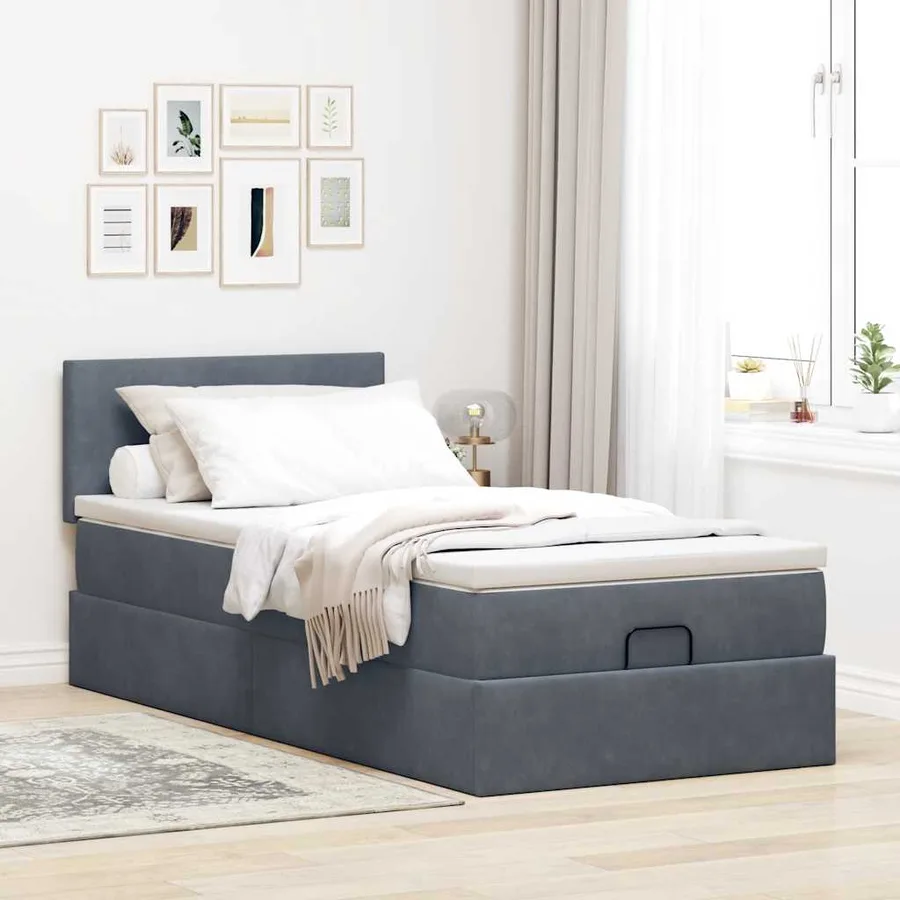 Cadre de lit ottoman avec matelas gris foncé 100x200 cm velours - 3