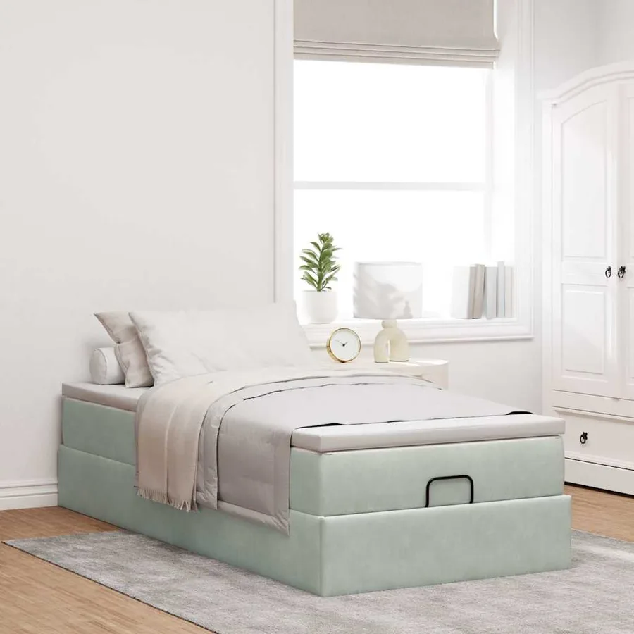 Cadre de lit ottoman et matelas gris clair 100x200 cm velours - 3