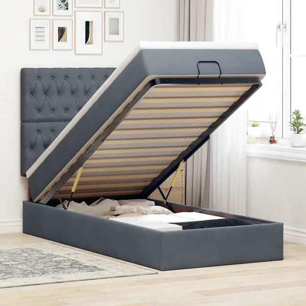Cadre de lit ottoman avec matelas gris foncé 100x200 cm velours