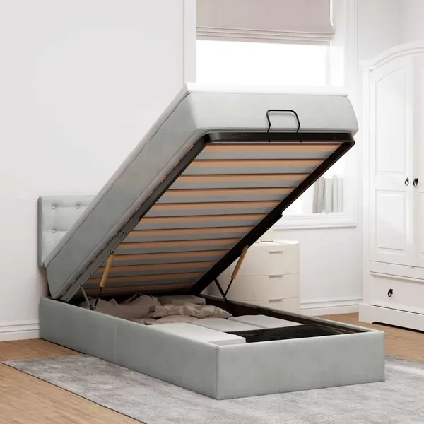 Cadre de lit ottoman et matelas gris clair 100x200 cm velours