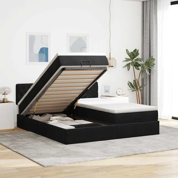 Cadre de lit ottoman avec matelas noir 180x200cm velours
