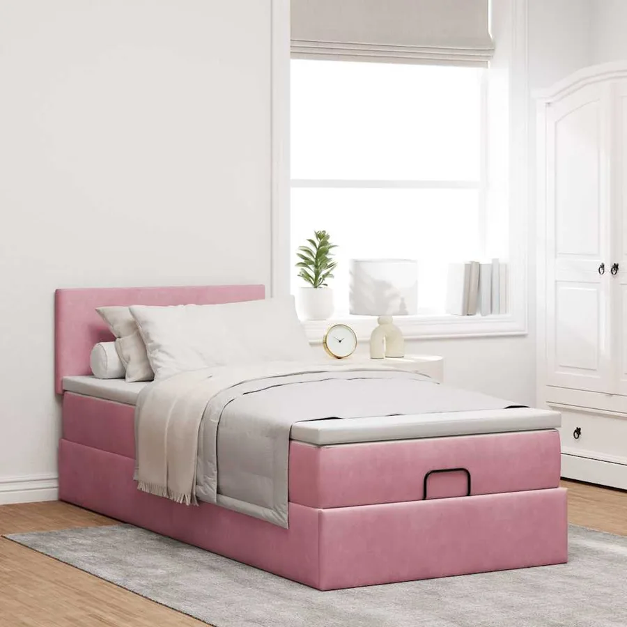 Cadre de lit ottoman avec matelas rose 90x200 cm velours - 3