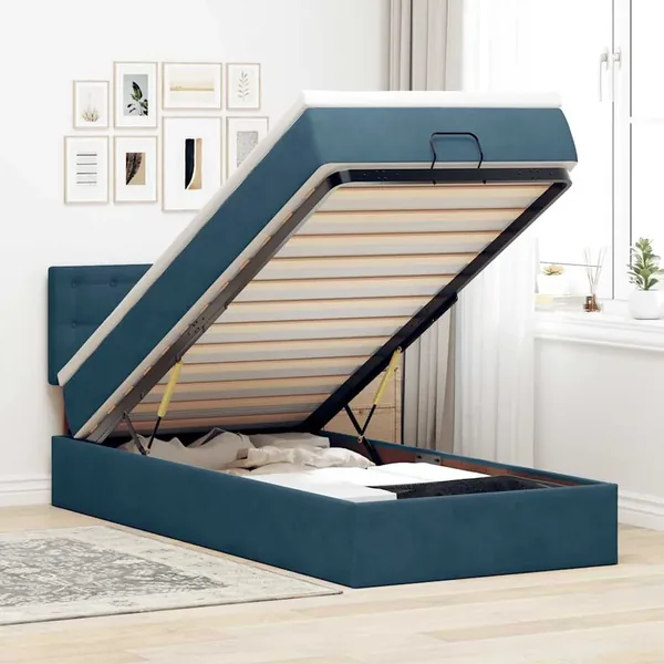 Cadre de lit ottoman avec matelas bleu foncé 90x200 cm velours