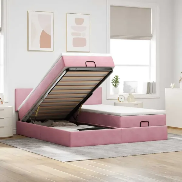 Cadre de lit ottoman avec matelas rose 180x200 cm velours
