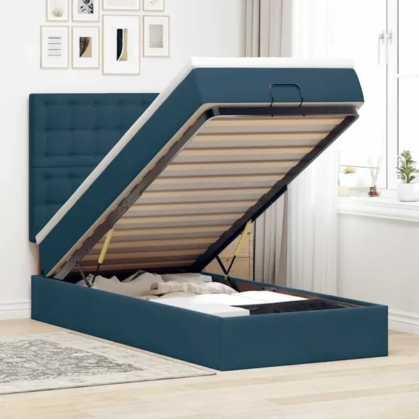 Cadre de lit ottoman avec matelas bleu foncé 90x200 cm velours