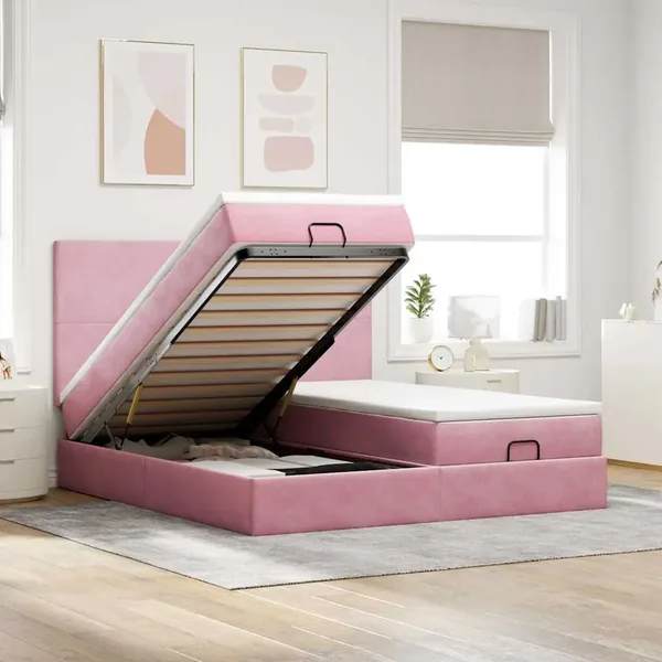 Cadre de lit ottoman avec matelas rose 180x200 cm velours