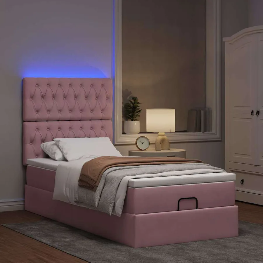 Cadre de lit ottoman avec matelas rose 90x200 cm velours - 3