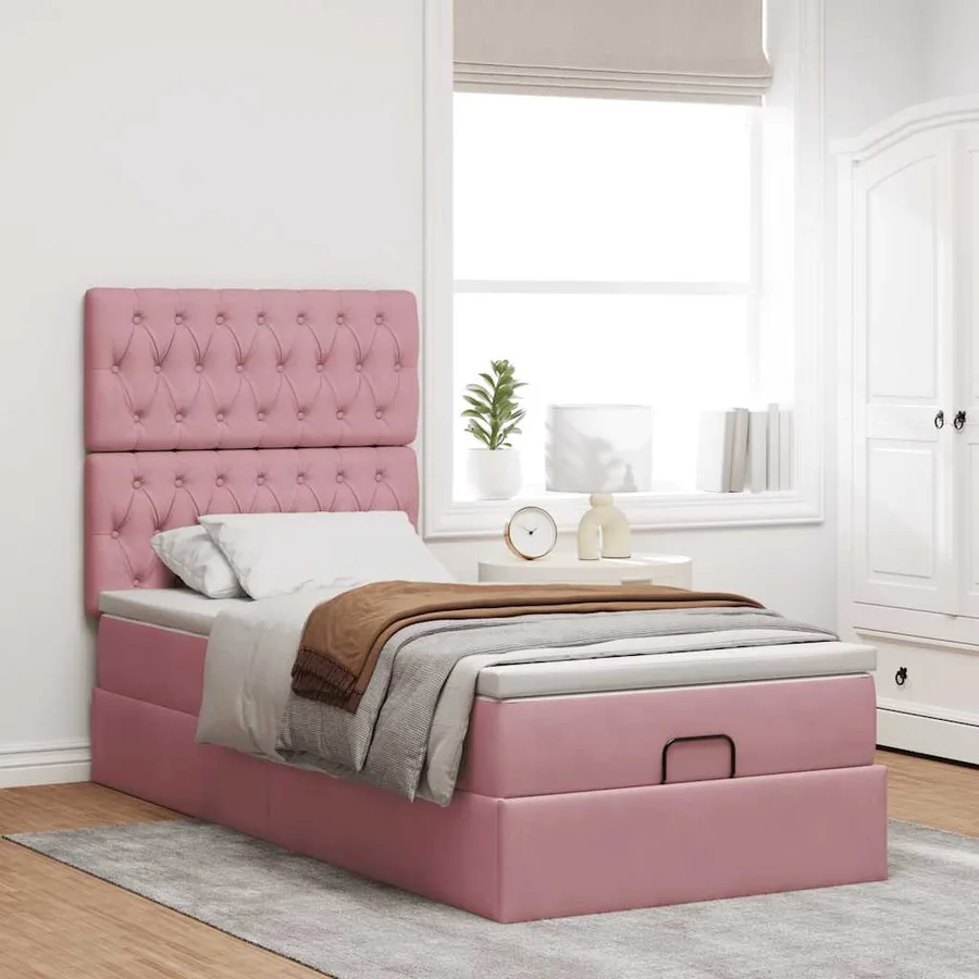 Cadre de lit ottoman avec matelas rose 90x200 cm velours - 4