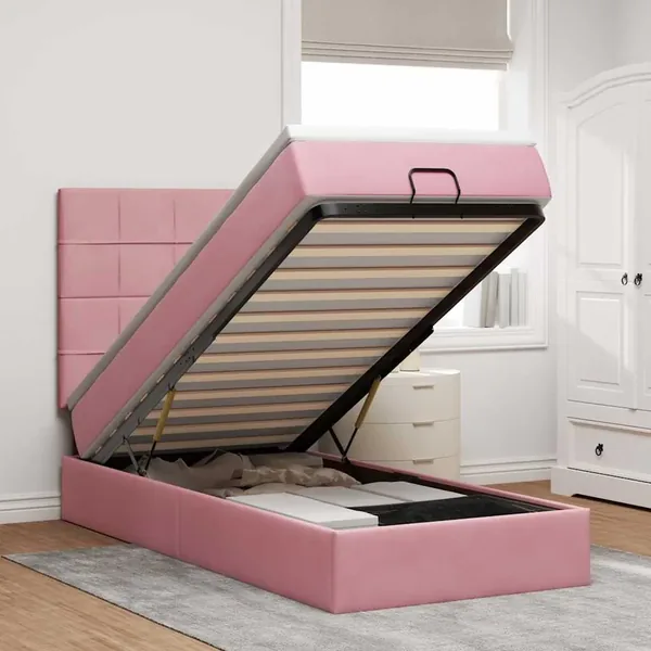 Cadre de lit ottoman avec matelas rose 90x200 cm velours
