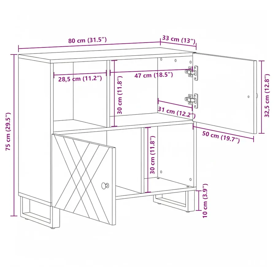Buffet noir 80x33x75 cm bois massif de manguier - 12