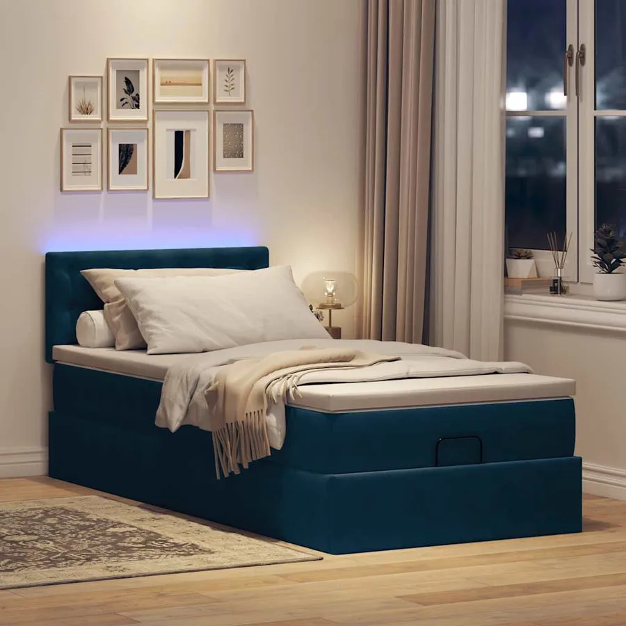 Cadre de lit ottoman avec matelas bleu foncé 100x200 cm velours - 3