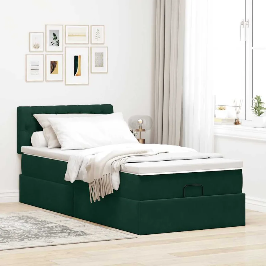 Cadre de lit ottoman avec matelas vert foncé 90x200 cm velours - 3