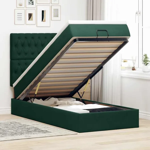 Cadre de lit ottoman avec matelas vert foncé 90x200 cm velours