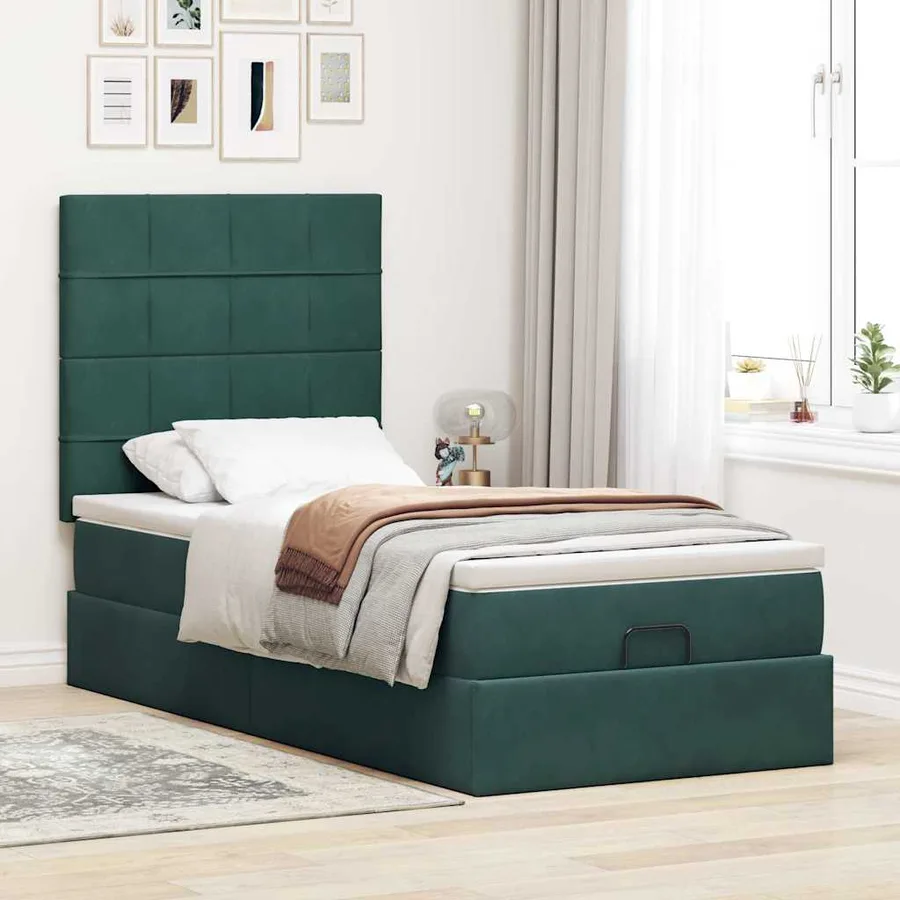 Cadre de lit ottoman avec matelas vert foncé 90x200 cm velours - 4