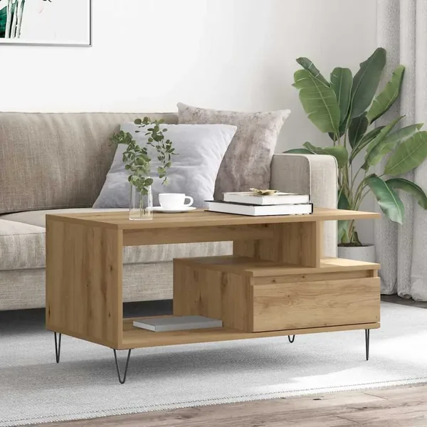 Table basse chêne artisanal 90x49x45 cm bois d'ingénierie