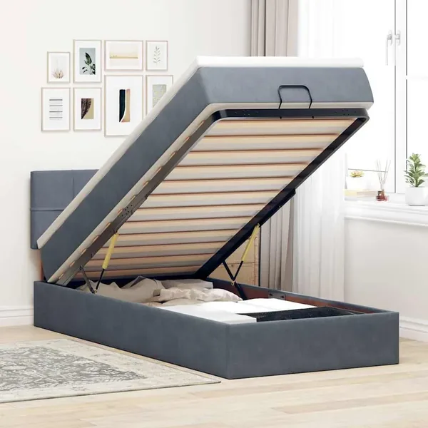 Cadre de lit ottoman avec matelas gris foncé 90x190 cm velours