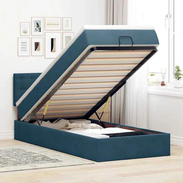 Cadre de lit ottoman avec matelas bleu foncé 90x190 cm velours