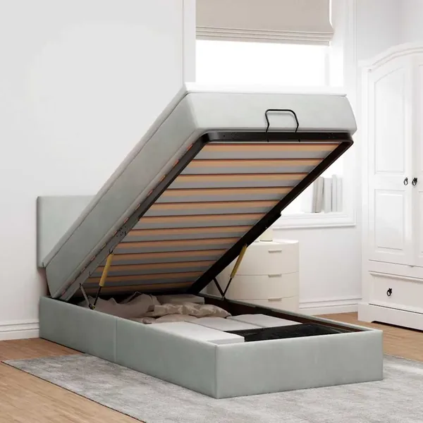 Cadre de lit ottoman et matelas gris clair 90x190 cm velours