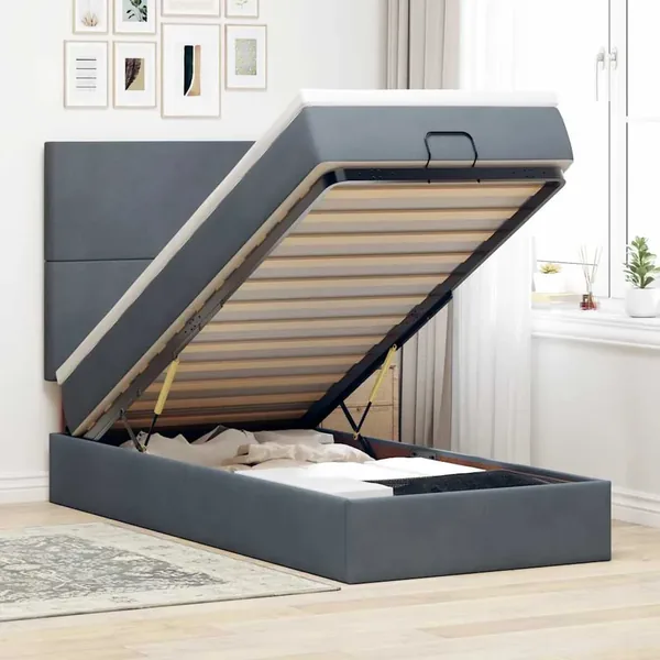 Cadre de lit ottoman avec matelas gris foncé 90x190 cm velours