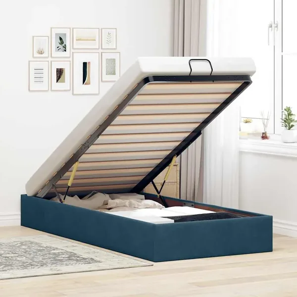 Cadre de lit ottoman sans matelas bleu foncé 90x190 cm velours