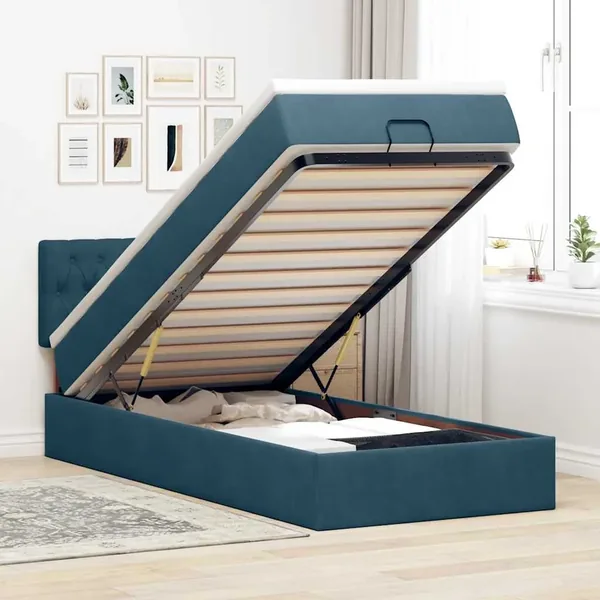Cadre de lit ottoman avec matelas bleu foncé 90x190 cm velours