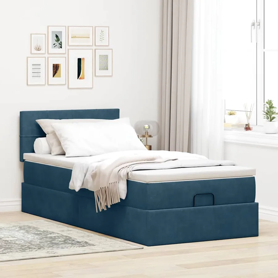 Cadre de lit ottoman avec matelas bleu foncé 90x190 cm velours - 3