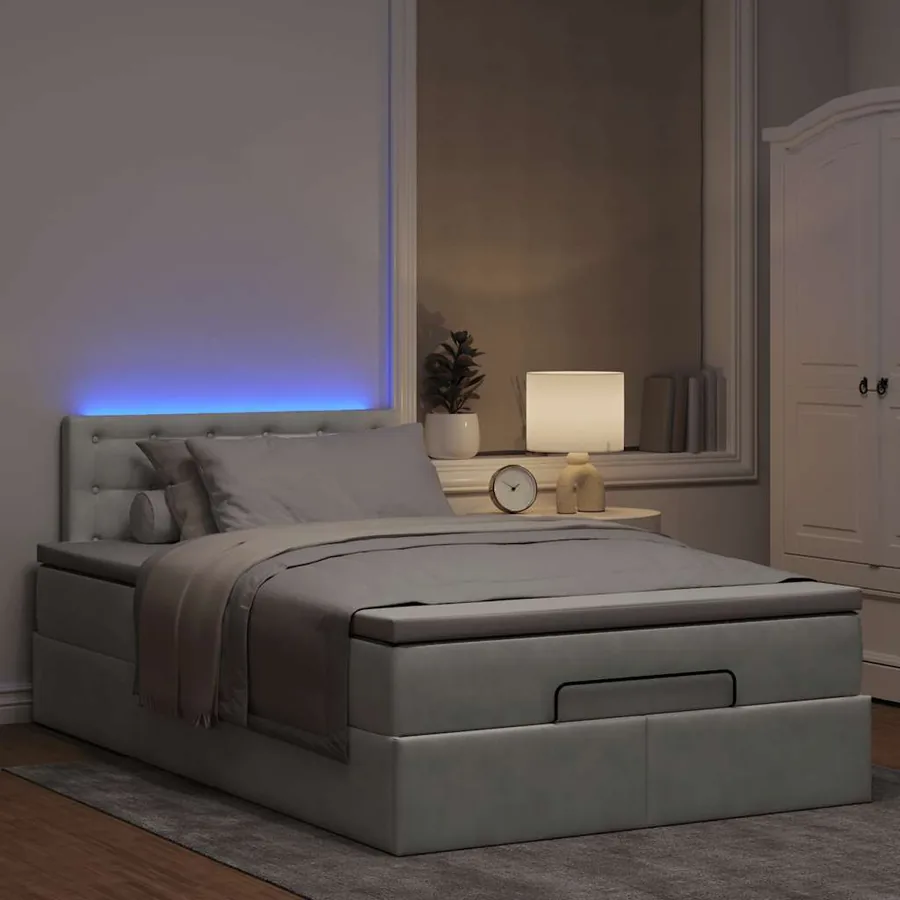 Lit ottoman avec matelas et LED gris clair 120x190cm velours - 3