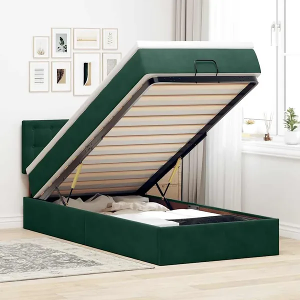 Cadre de lit ottoman avec matelas vert foncé 90x190 cm velours