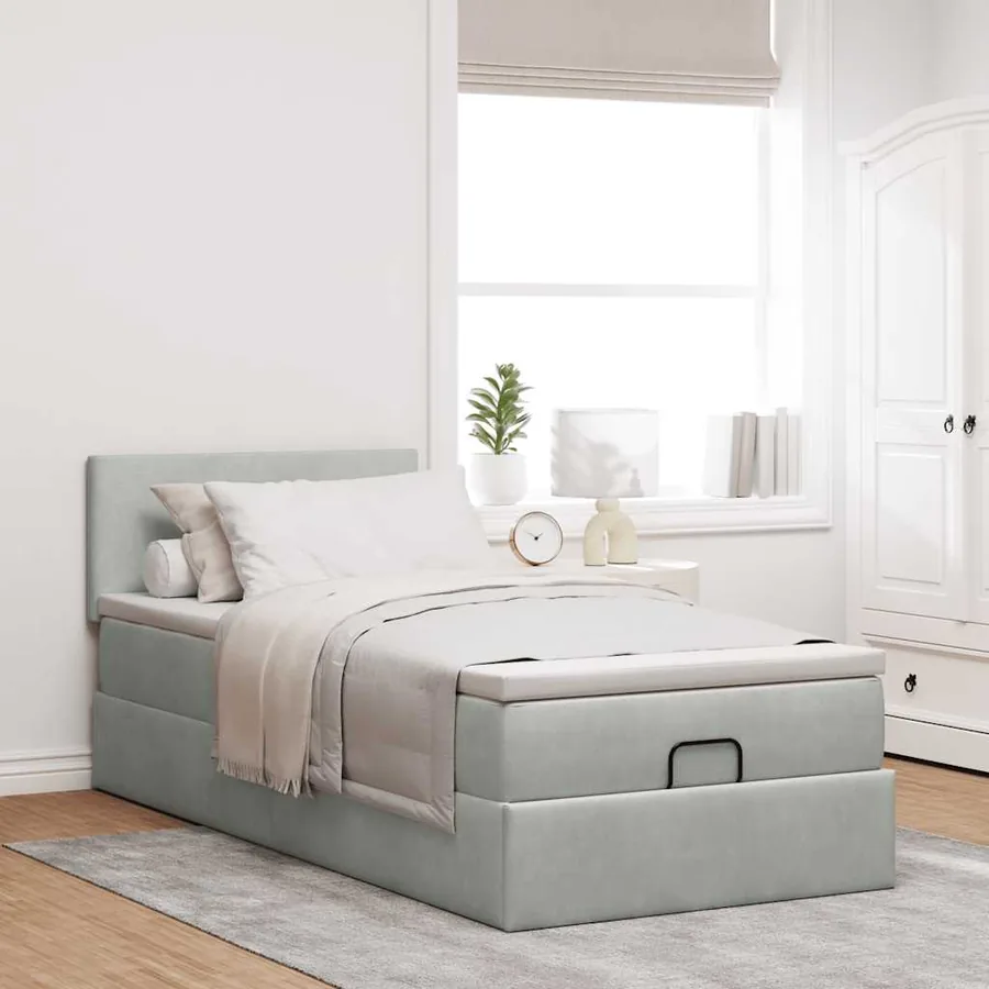 Cadre de lit ottoman et matelas gris clair 90x200 cm velours - 3