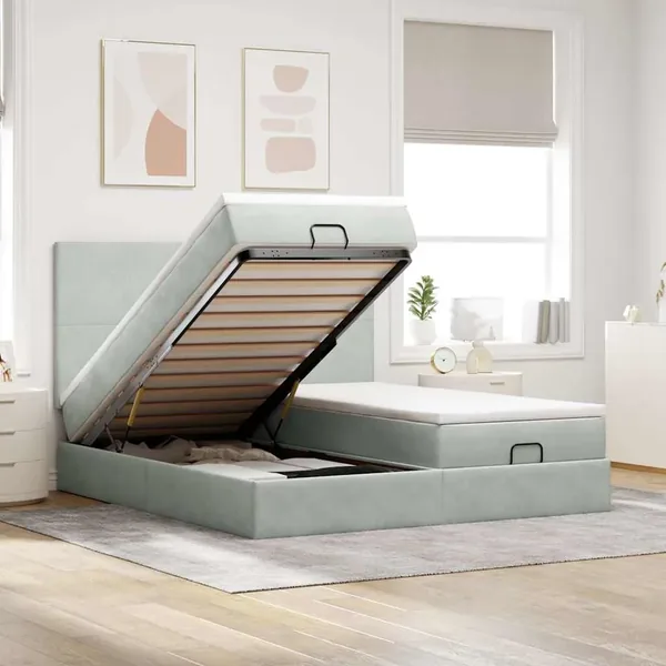 Cadre de lit ottoman et matelas gris clair 180x200cm velours